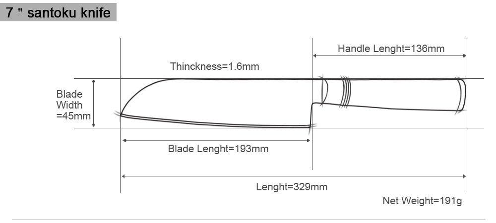 Technical drawing of a 7-inch santoku knife with dimensions labeled
