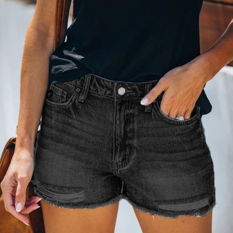 "fringe denim shorts size range S-XXL with waist and hip cm guide, helps choose the right fit for city shorts"
