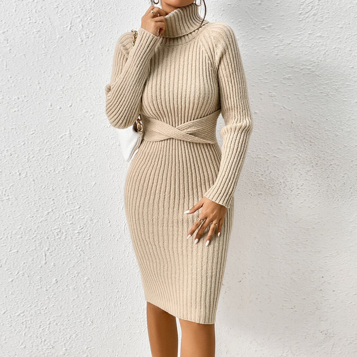 slim fit knit sweater dress autumn winter khaki full body turn showing flattering shape