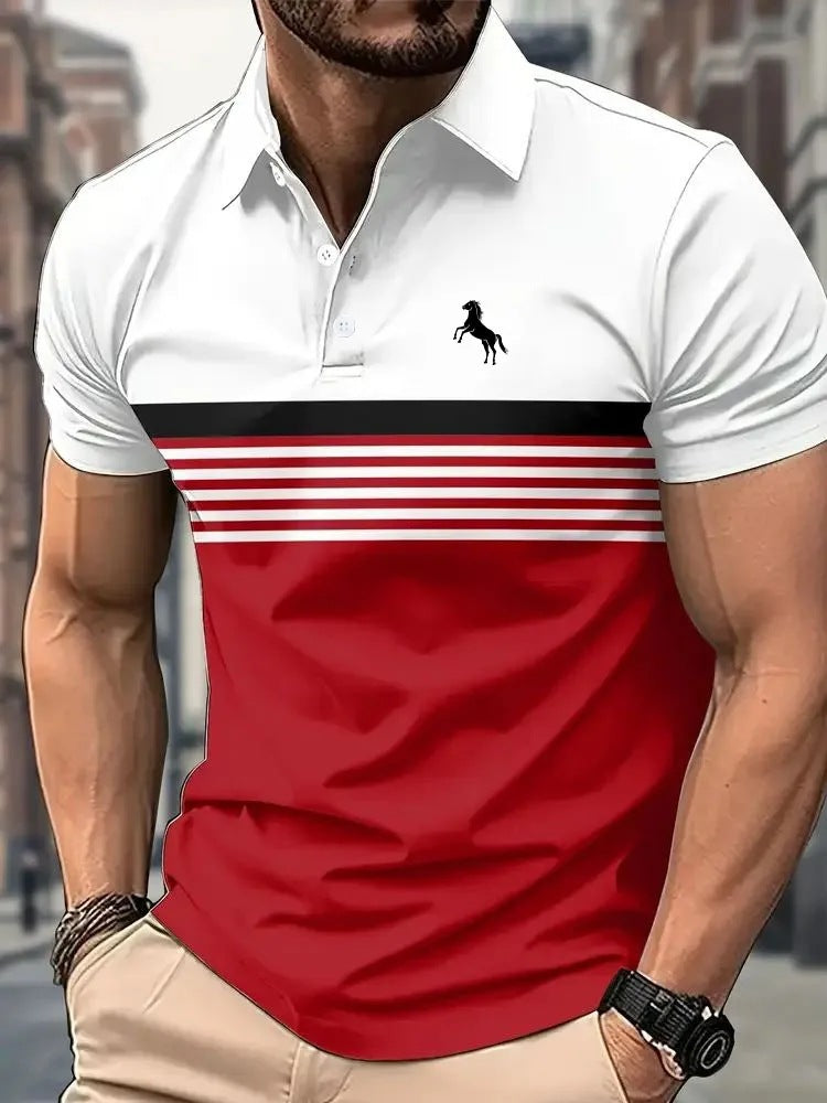 Man wearing a white and red polo shirt with a logo, standing against an urban background.