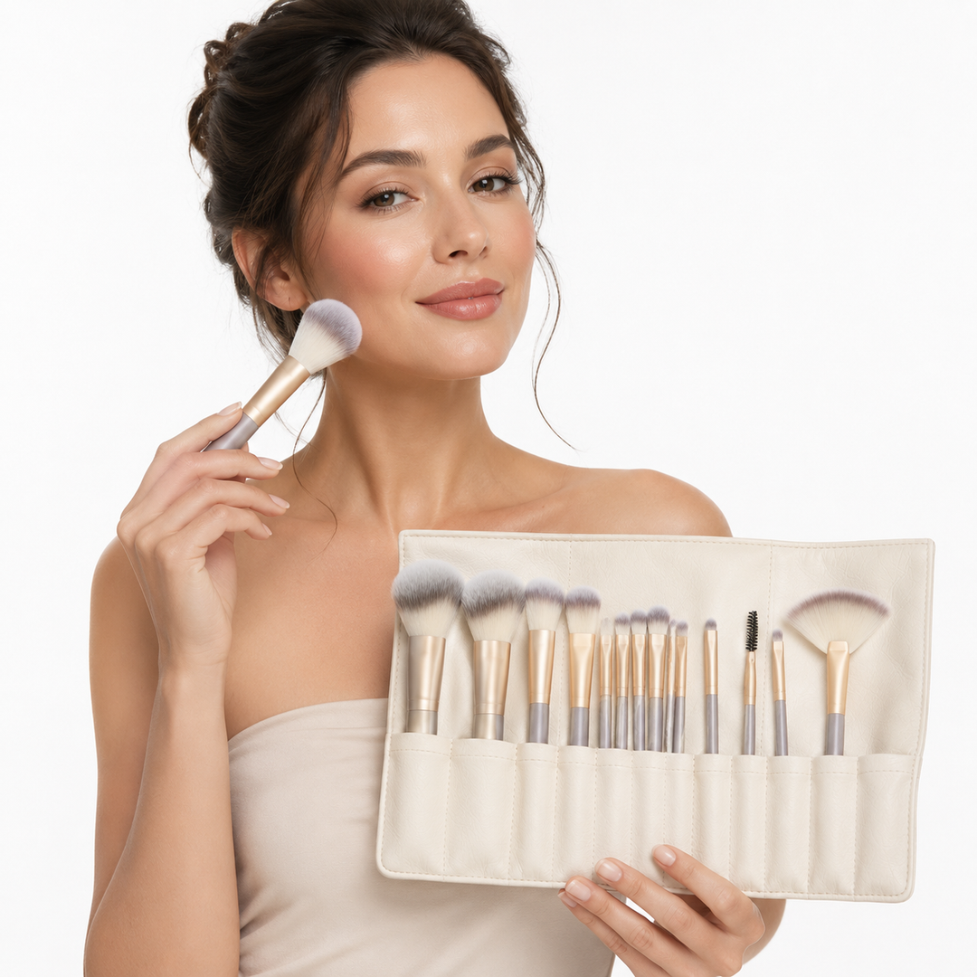 Makeup brush set with rice white brushes, champagne-color handles and 12, 18 or 24-piece options, shown without printed logo.
