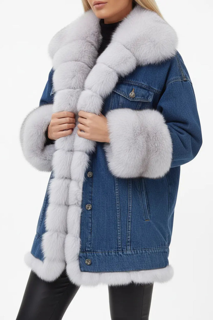 fur lined jean jacket khaki denim coat with faux fur inner, side angle showing relaxed fit and mid-thigh length
