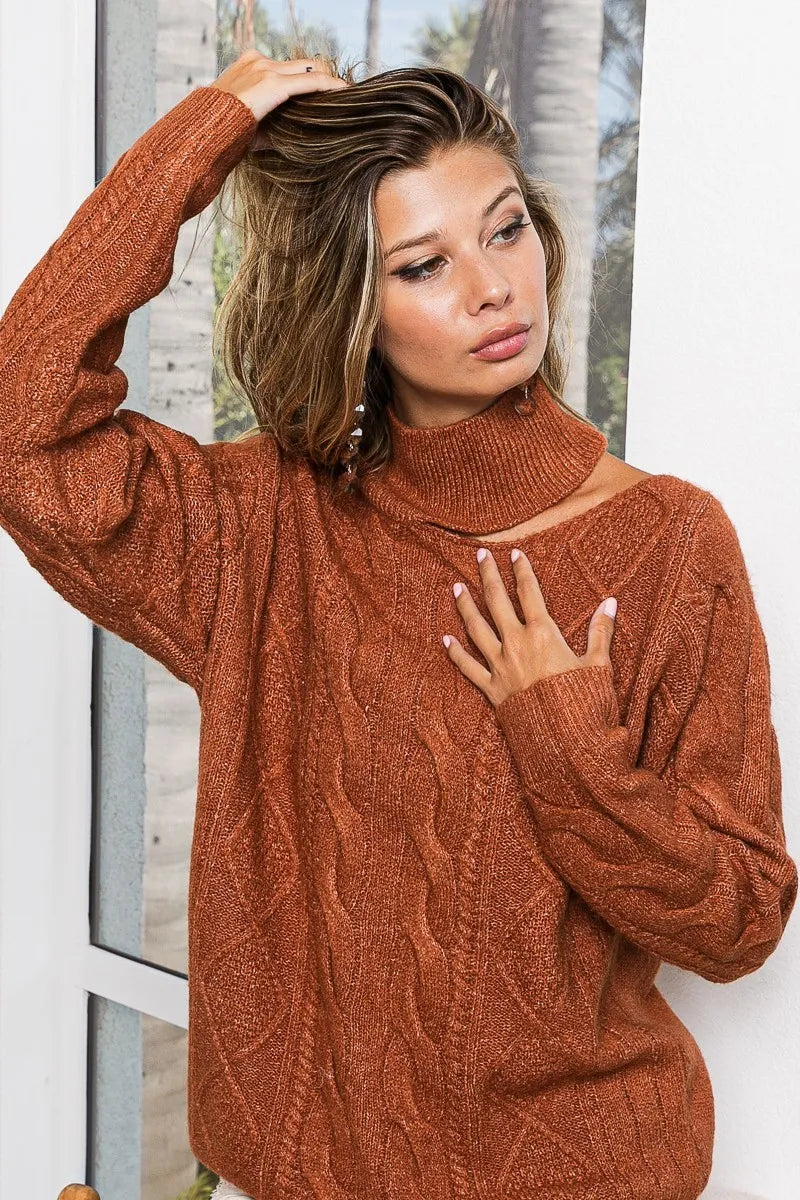 twist knitted sweater side view open shoulder detail