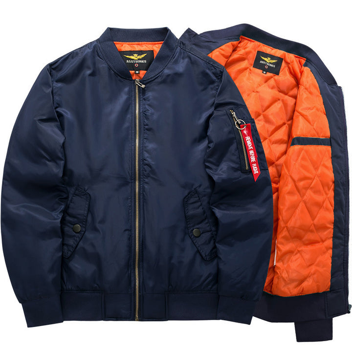 Plus size bomber jacket for men displayed in a solid shade with zip fastening and ribbed hem for casual fall and winter wear.