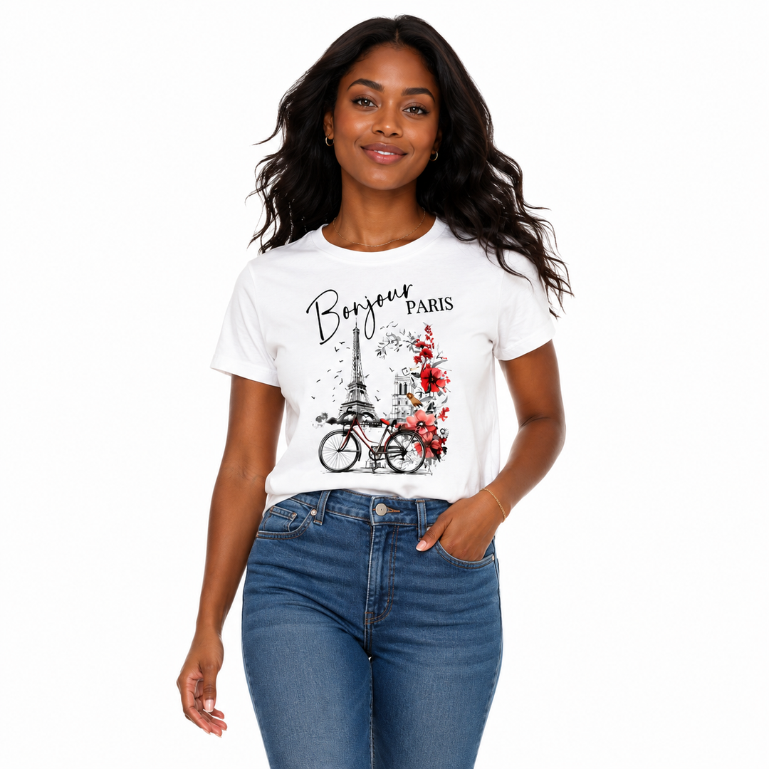 Paris graphic tee for women styled with high waist jeans, white sneakers, and casual French inspired city mood weekends now..