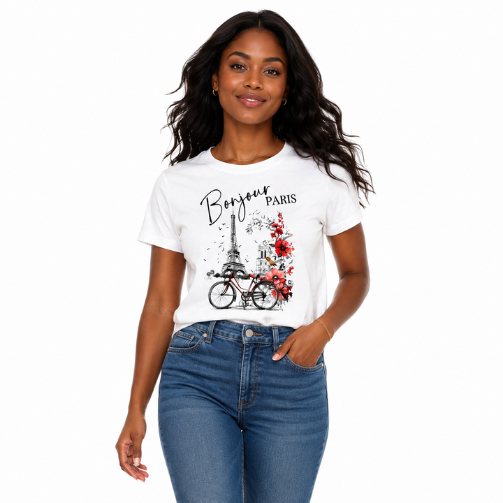 Paris graphic tee for women styled with high waist jeans, white sneakers, and casual French inspired city mood weekends now..