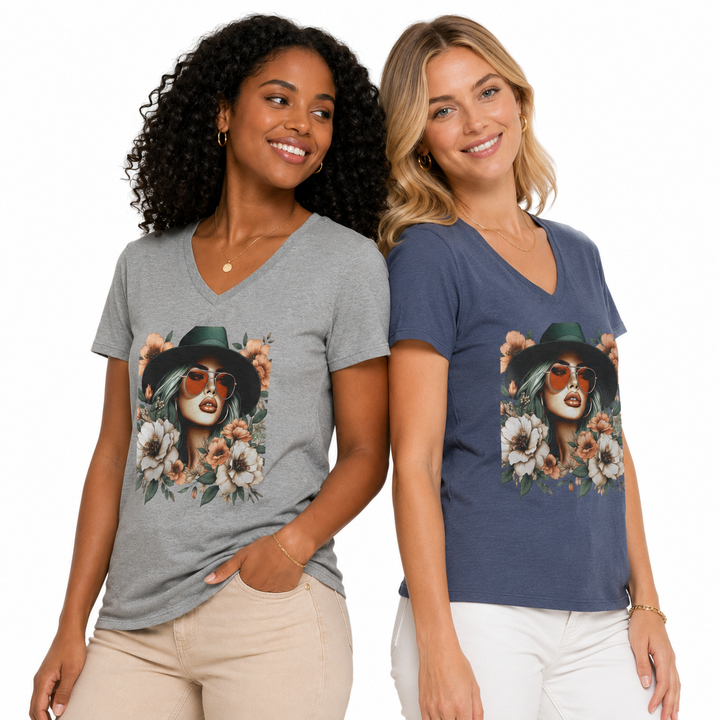 Floral T Shirt Women - Cotton V-Neck Floral Graphic Tee