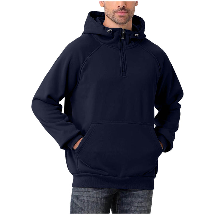 Navy blue hoodie worn by a person on a white background