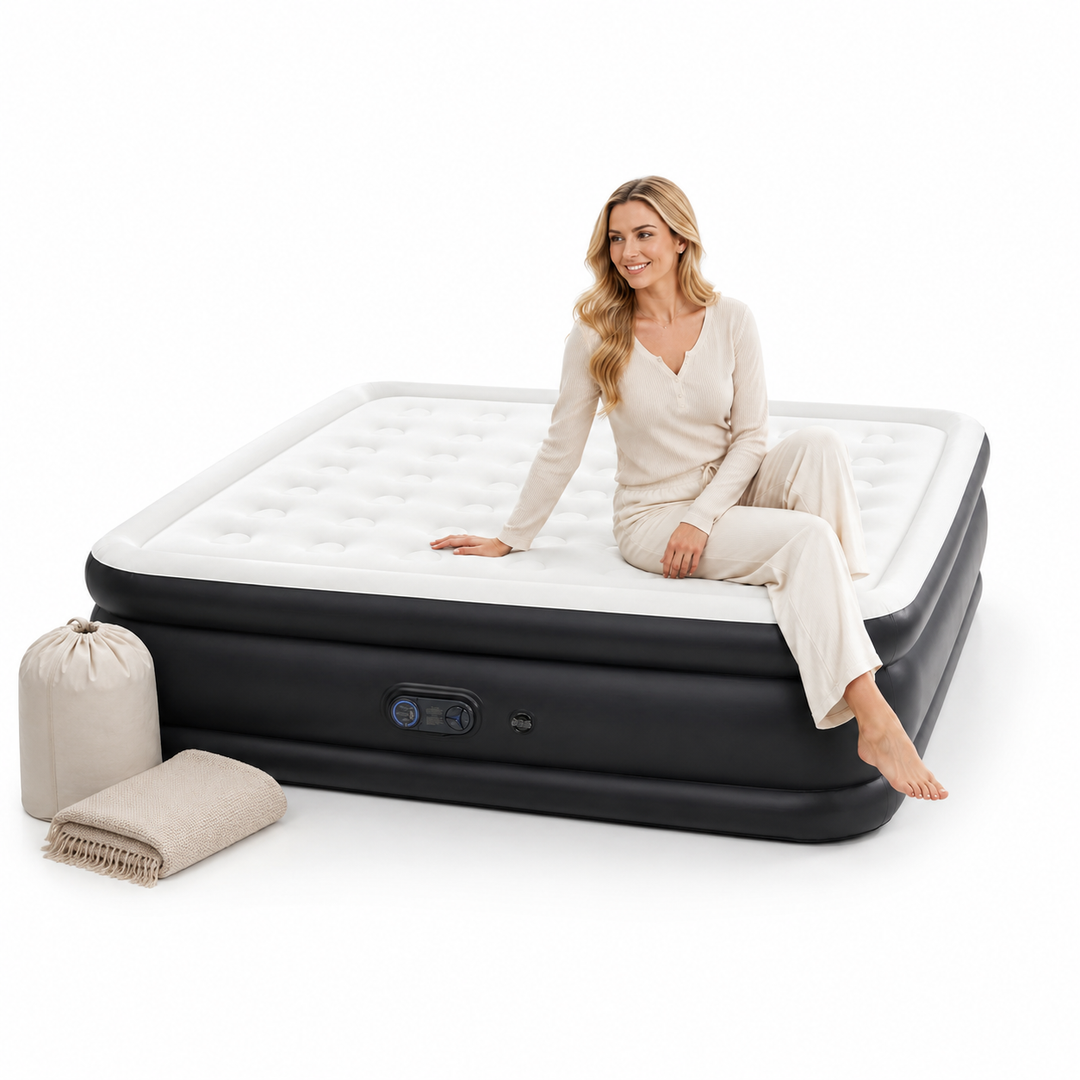 Queen air mattress with pump in modern bedroom for overnight guest comfort