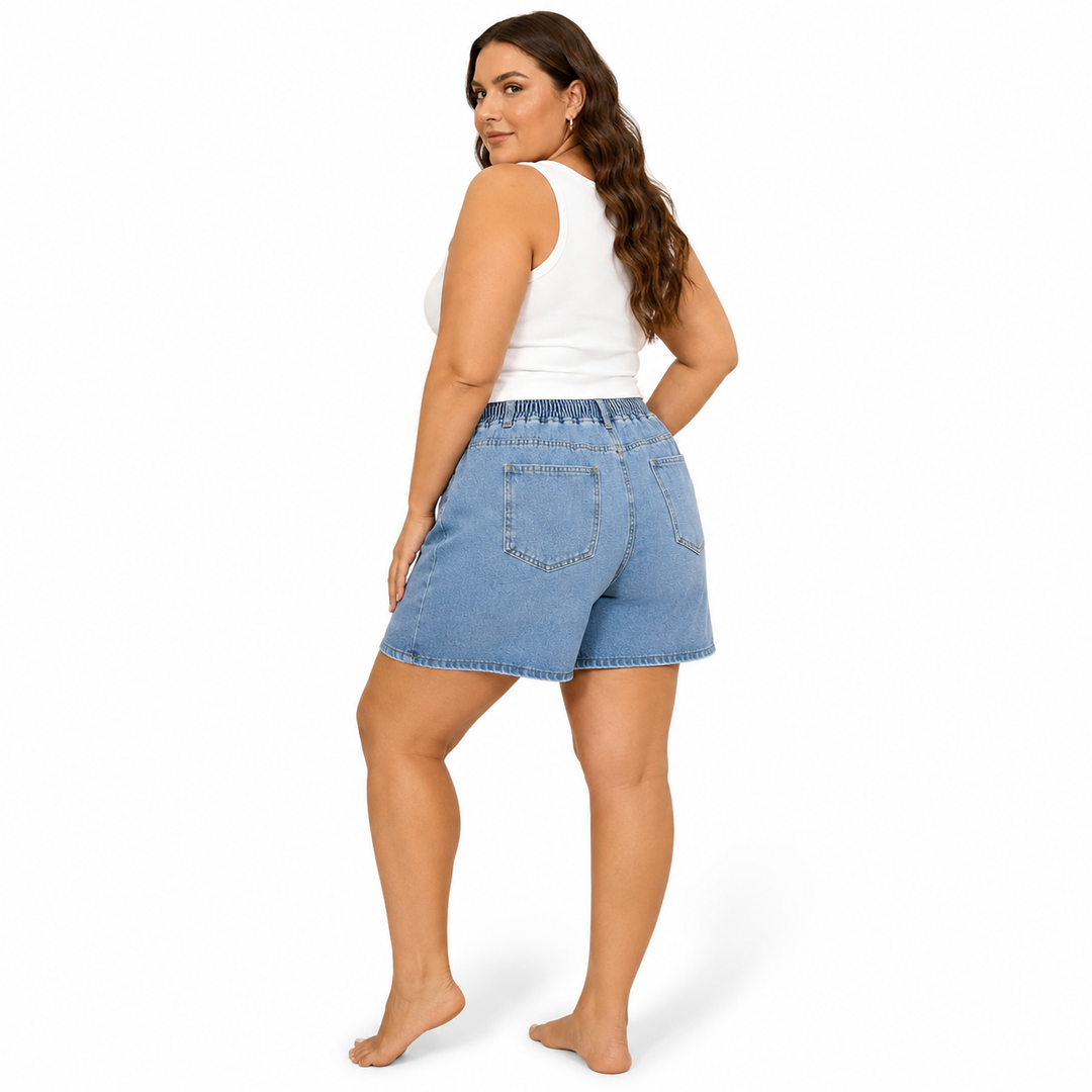 Blue denim shorts women can wear with simple tops, made in denim cotton with retro wash and easy XL to 4XL size range now