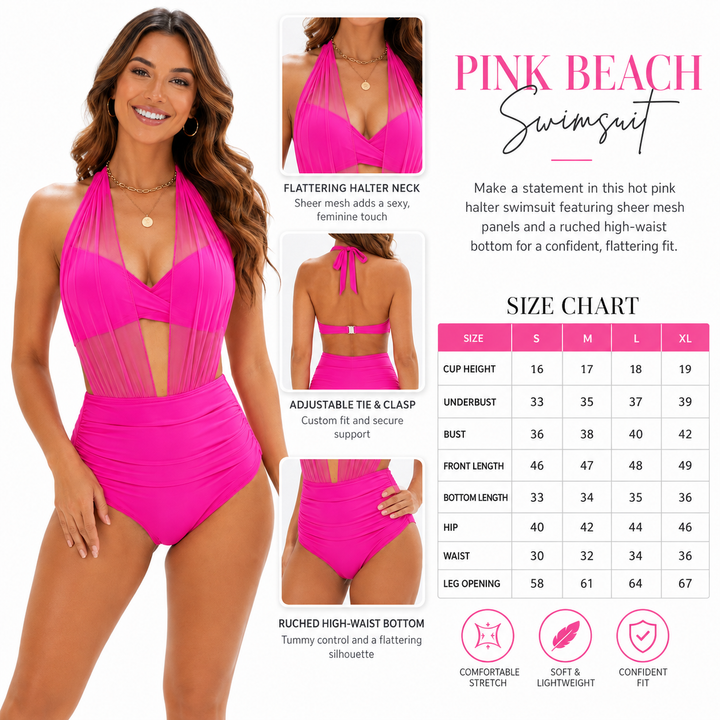 A pink halter swimsuit shown on a model with front, back, and side views, alongside a size chart and feature callouts on a white background.