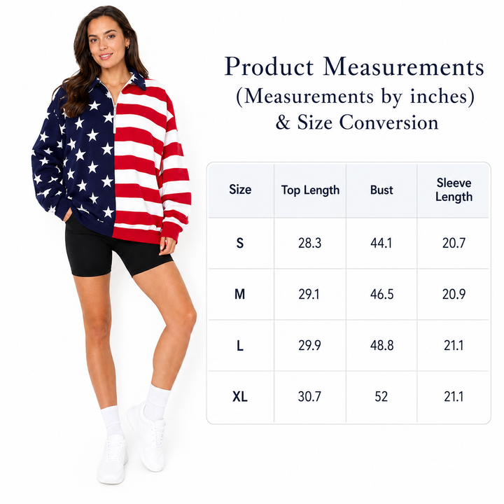 Woman wearing a red, white, and blue striped sweater with product measurements displayed.