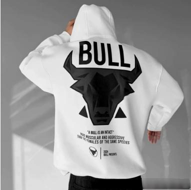 White hooded pullover shown from behind on a model, featuring the large black bull head graphic and bold black BULL lettering