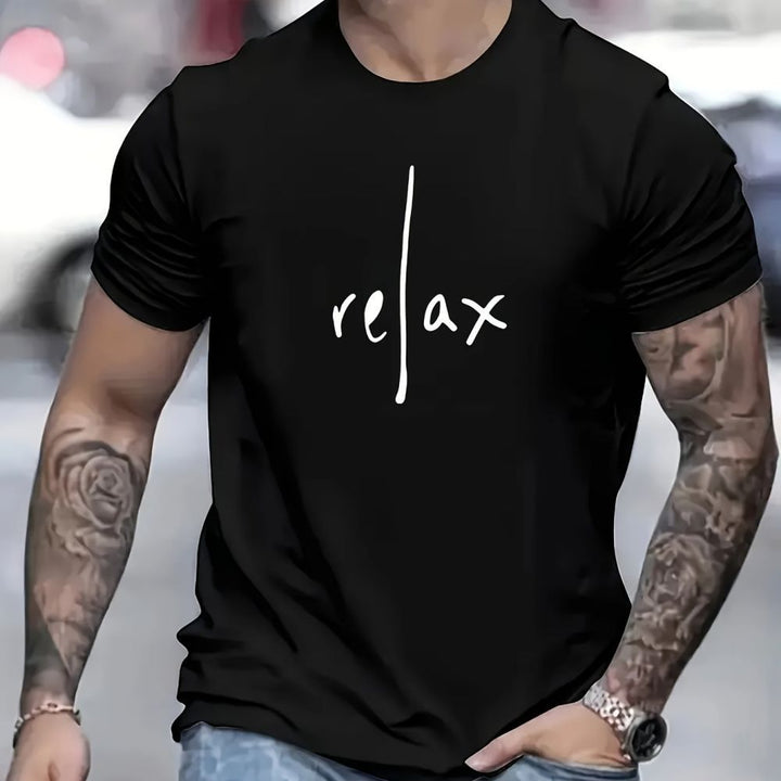 Person wearing a black t-shirt with &