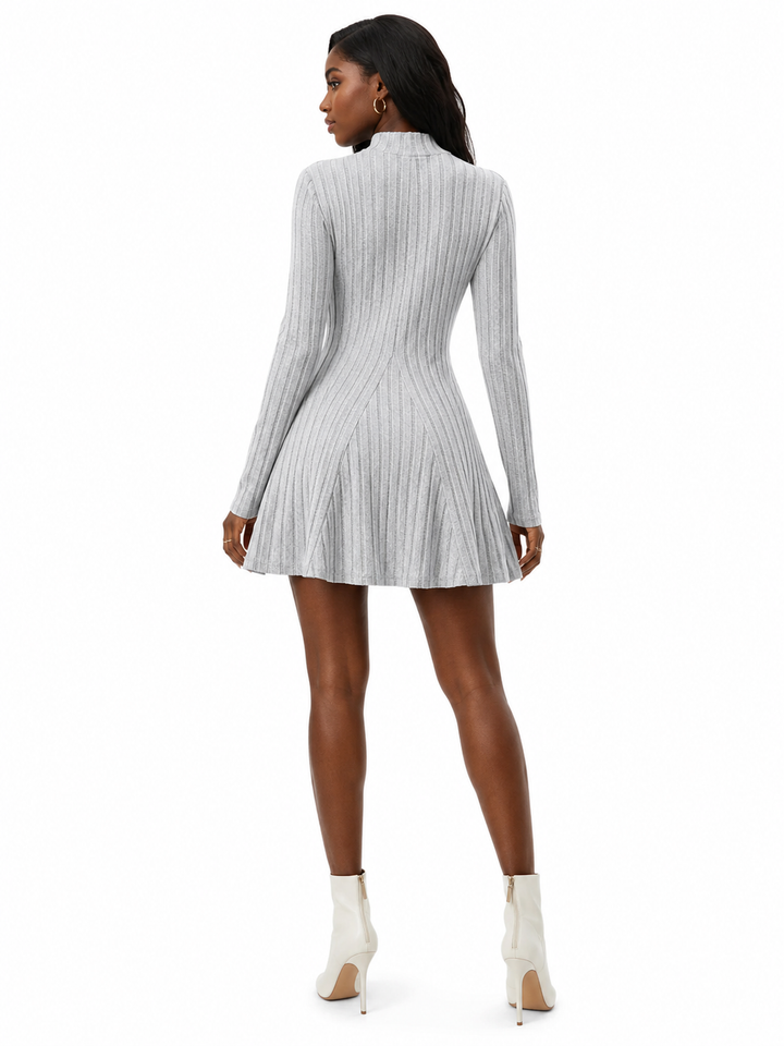 Mock neck mini dress with its ribbed knit, long sleeves, and slight stretch from a 95% polyester, 5% spandex blend for women.
