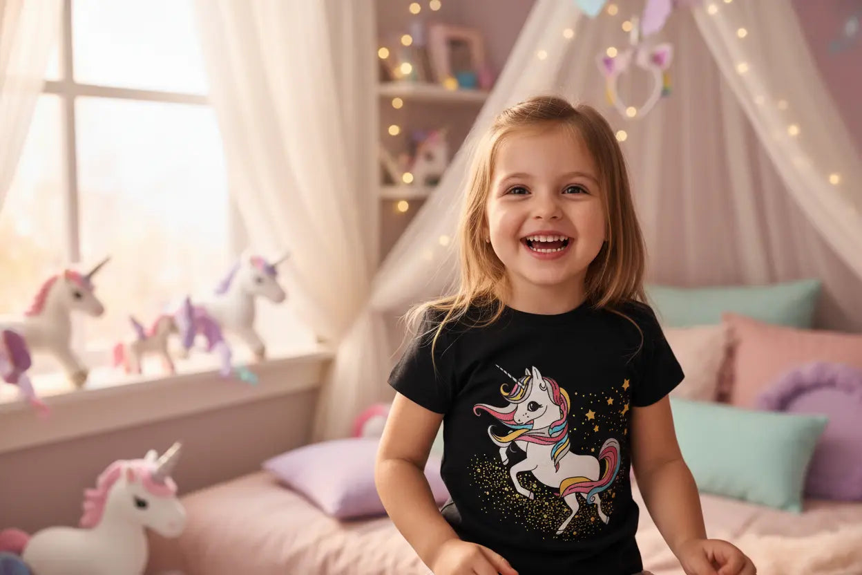 unicorn graphic kids t shirt front view soft cotton fabric daily wear