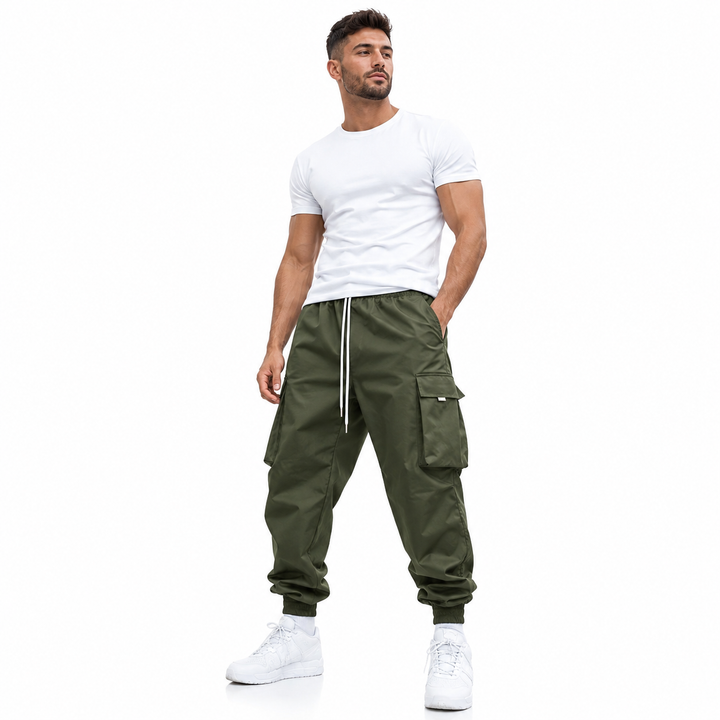 Army green multi pocket cargo pants for men with loose fit design for travel and city wear outfits