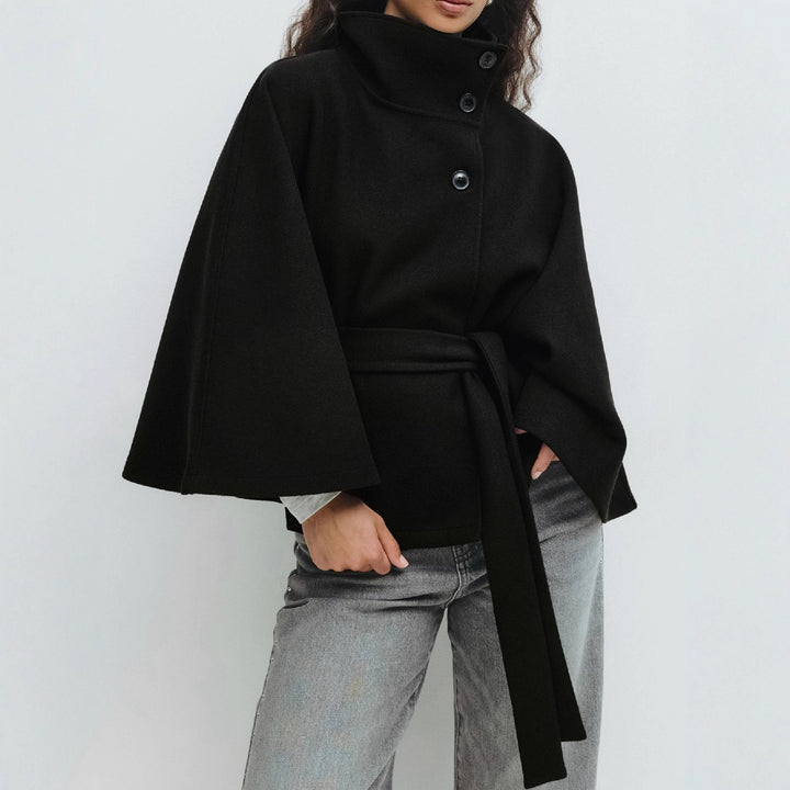 "polyester trench coat women double pocket design stand collar black shade ideal for commute and travel days"