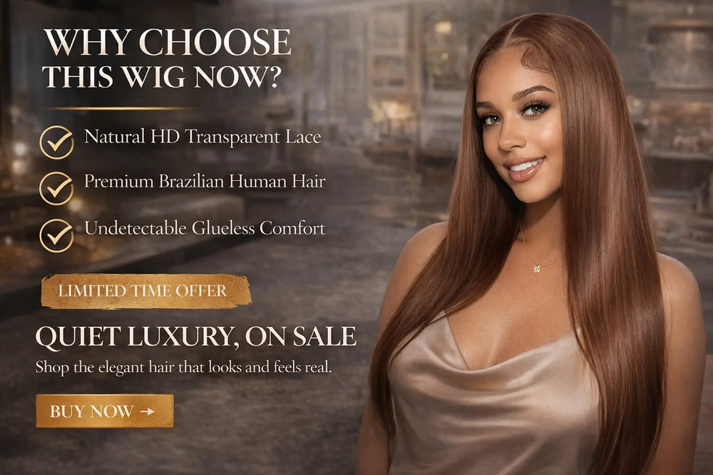 Woman with long brown wig in a salon setting, promotional text about wig features and sale.