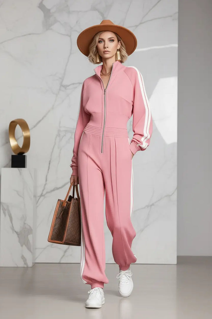 Retro women tracksuit showing waist-cinching silhouette from front view