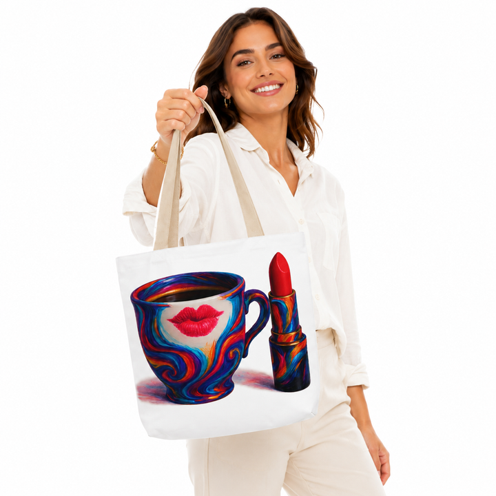 Canvas shopping tote bag flat lay showing printed surface and structured carry shape