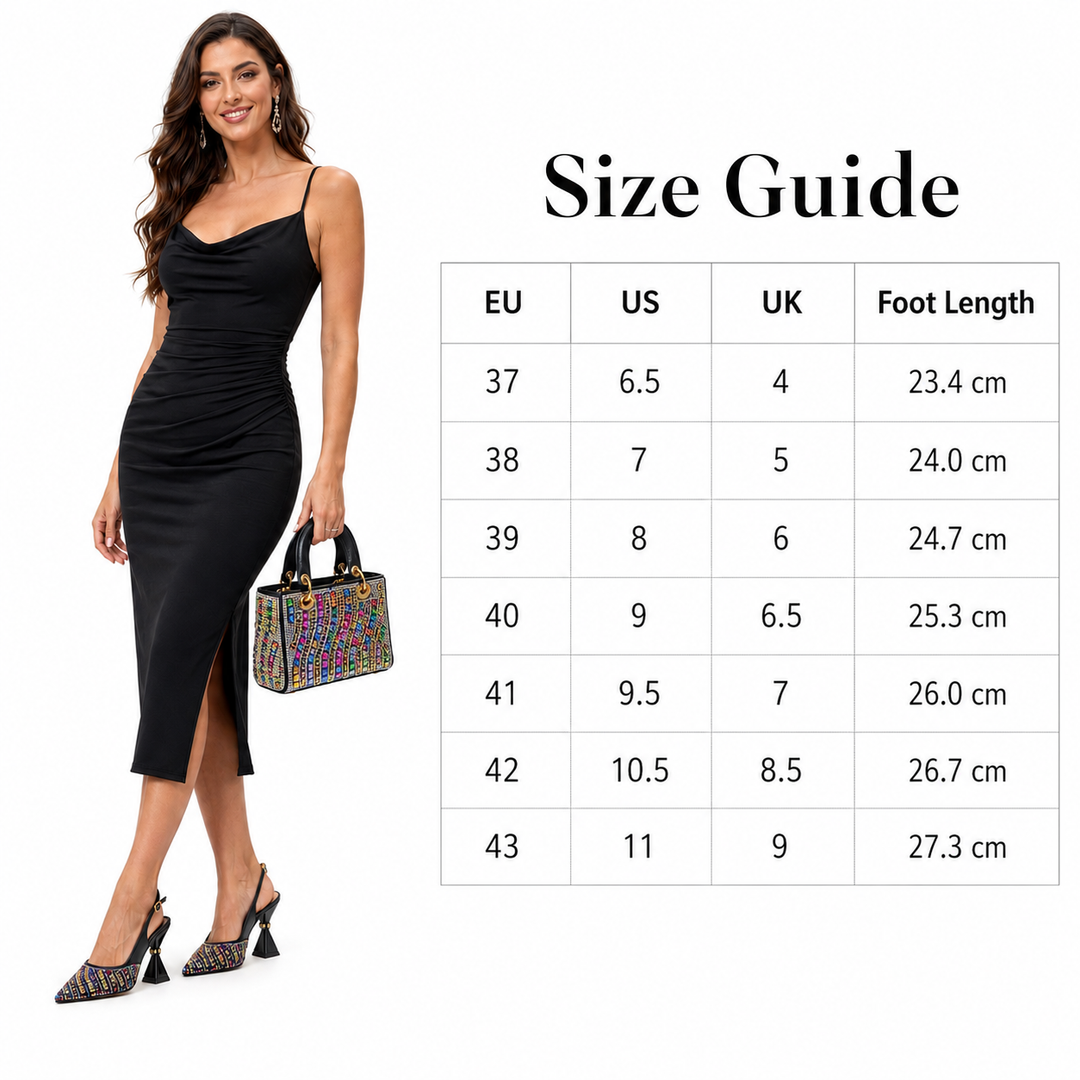 Woman wearing a black dress with a size guide on a white background