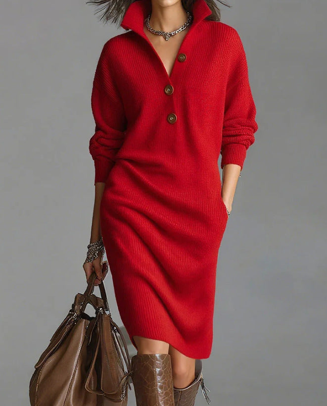 casual knit dress side view flattering straight cut