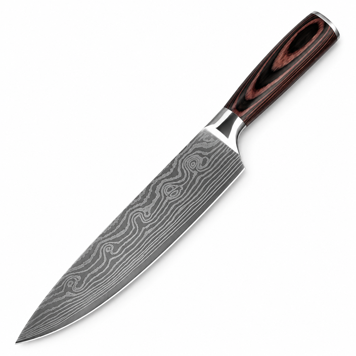 7 inch chef knife with patterned steel blade and dark wood-grain look handle on a white background