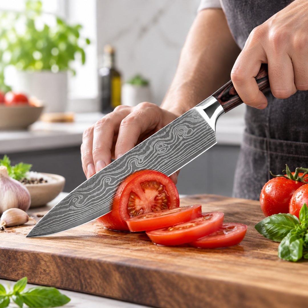 7 inch chef knife slicing a tomato on a wooden cutting board during everyday food prep
