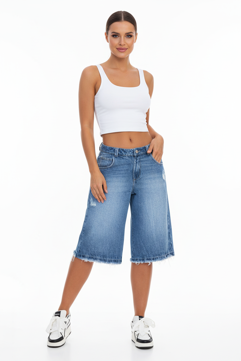 Women's Ripped Denim Shorts with Raw Edge