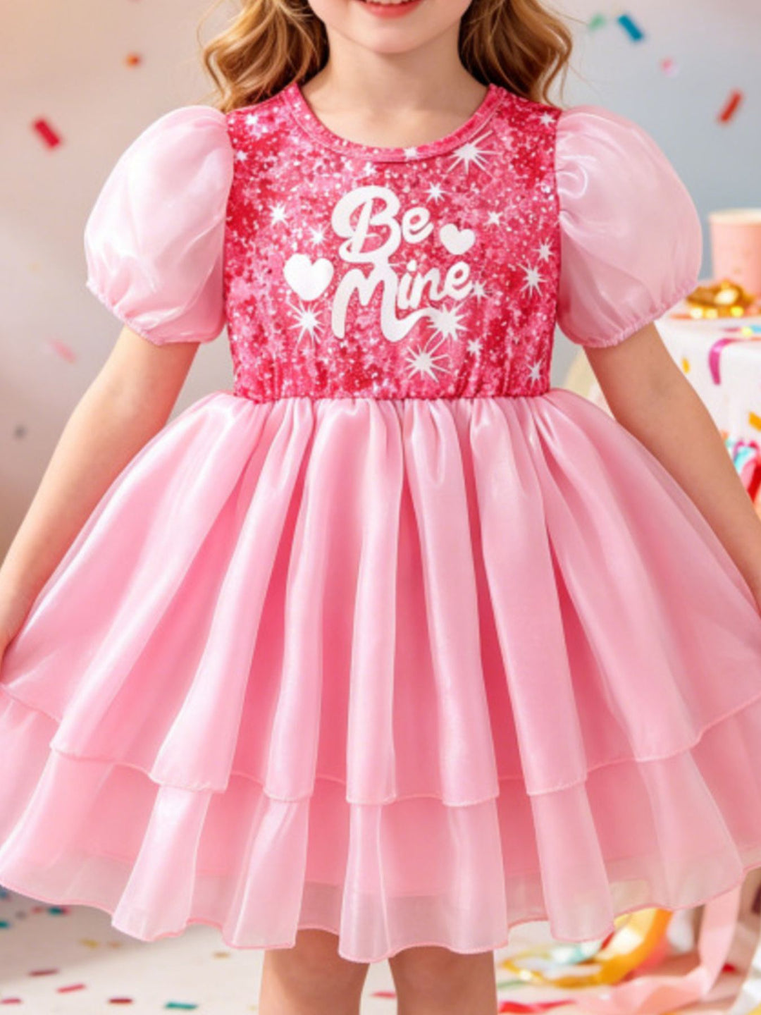 Front view of a girls sparkly dress with pink puff sleeves, glitter bodice, and soft tiered hem