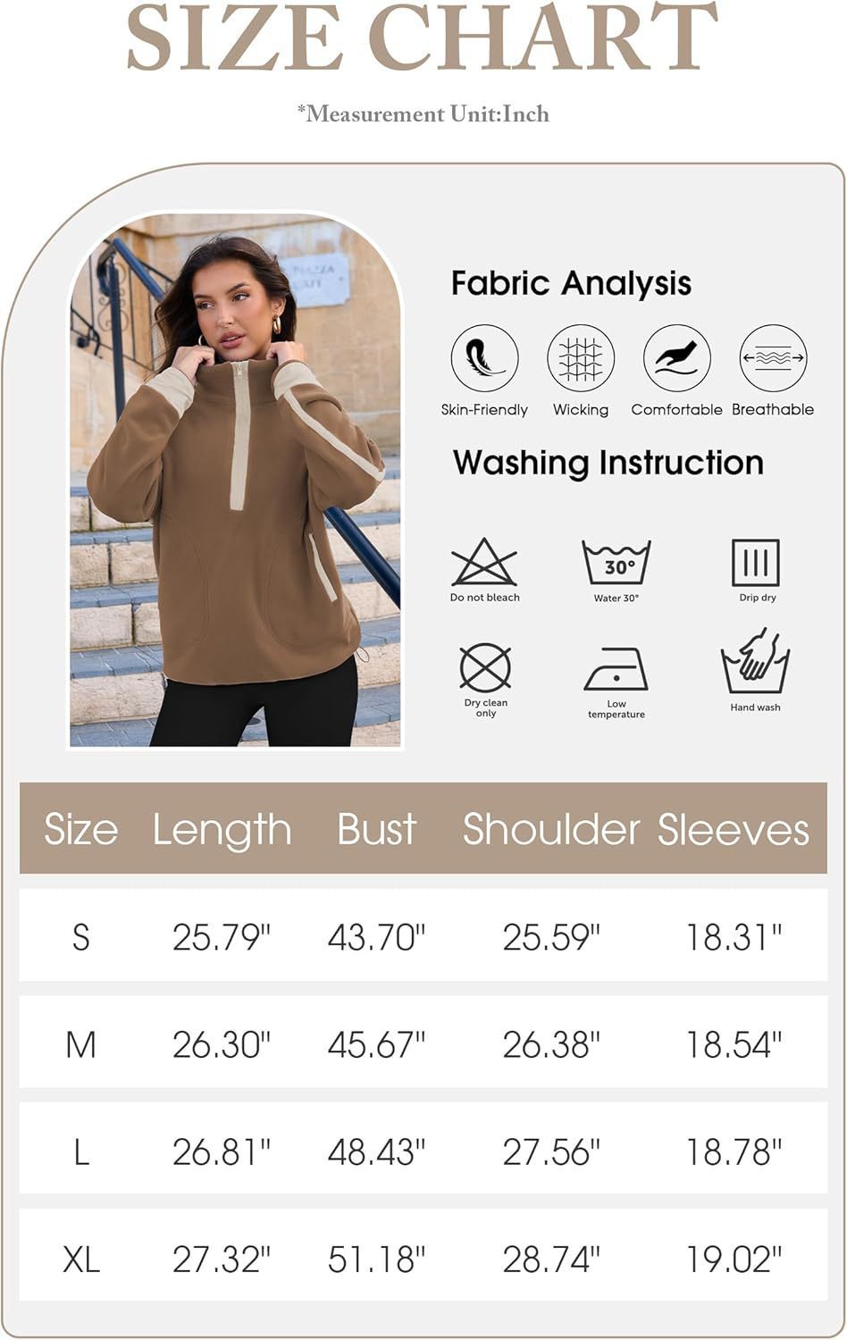 Size chart for a brown hoodie with fabric analysis and washing instructions.