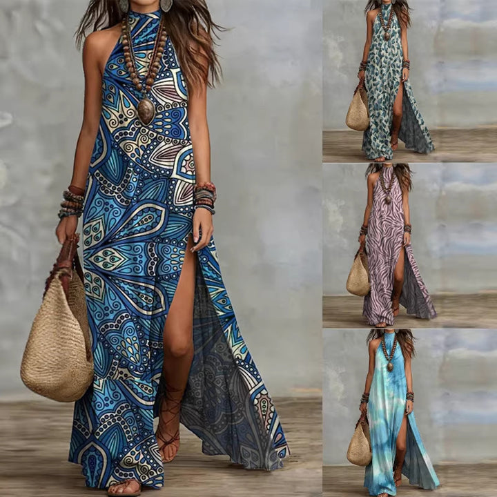 Navy blue halter neck maxi dress with bold artistic pattern, relaxed waist and flowing long skirt for holidays and casual day
