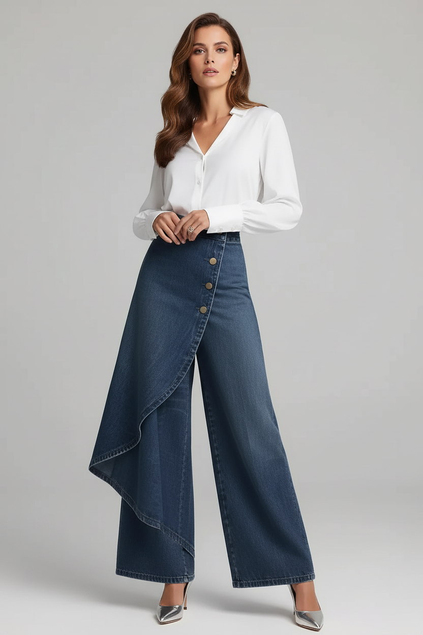 dark blue wide leg faux jeans women casual modern outfit