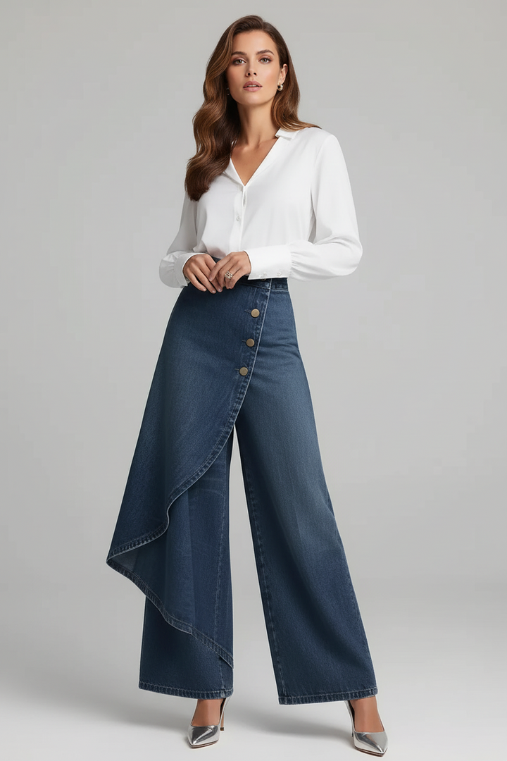 dark blue wide leg faux jeans women casual modern outfit