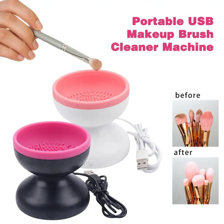 Portable USB Makeup Brush Cleaner Machine with before and after images of cleaned brushes.