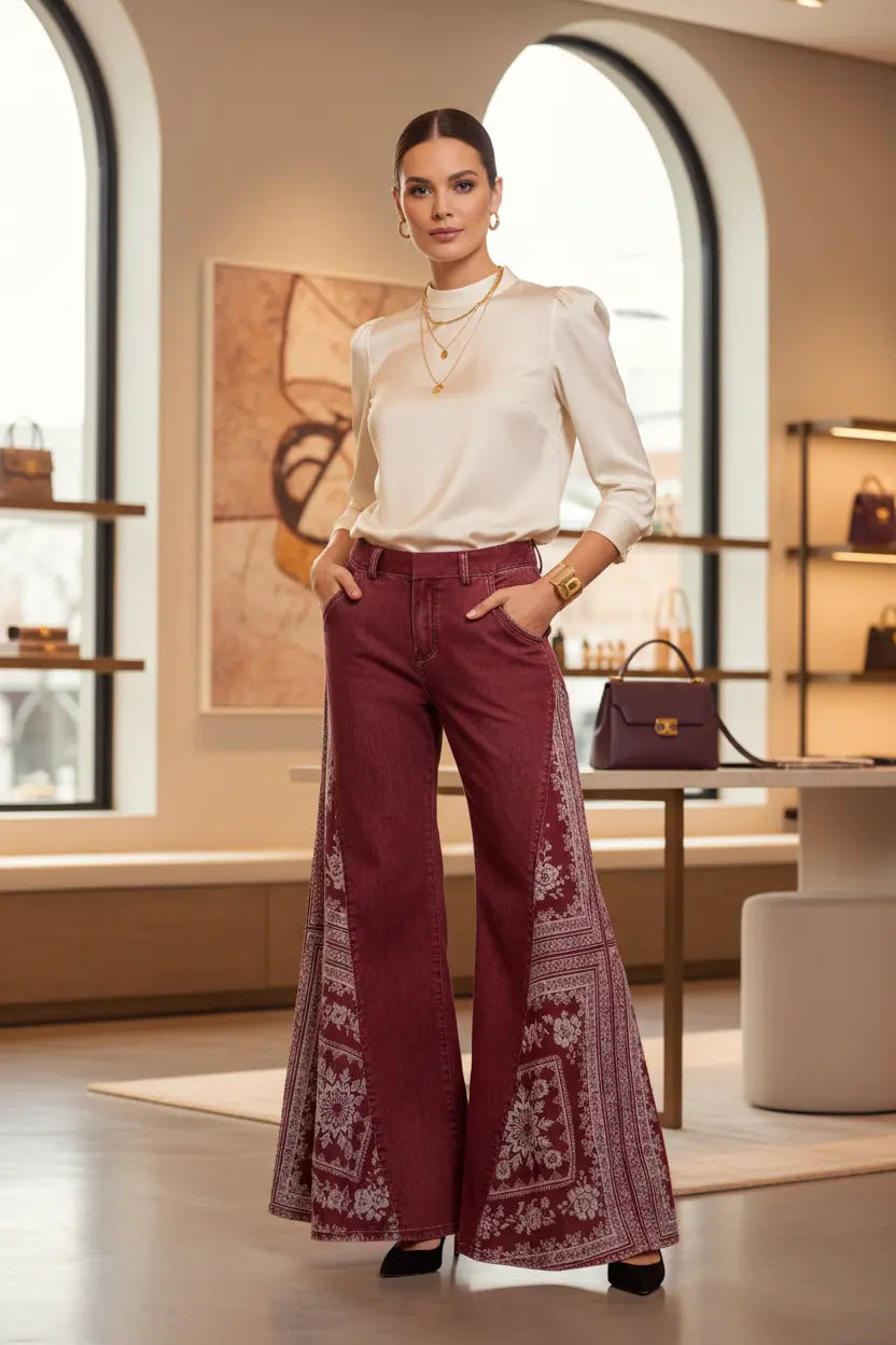 Boho flared pants ultra-wide leg elongating proportions