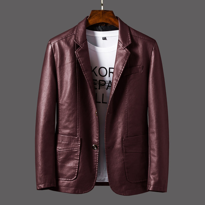 Mens PU Leather Jacket Studded Lapel Multi Pocket Style