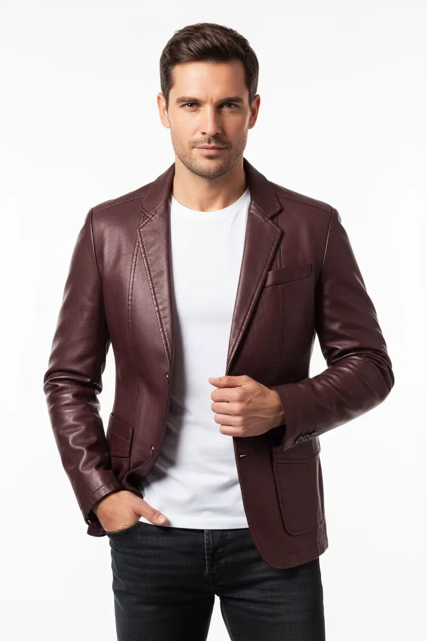 Mens PU Leather Jacket Studded Lapel Multi Pocket Style