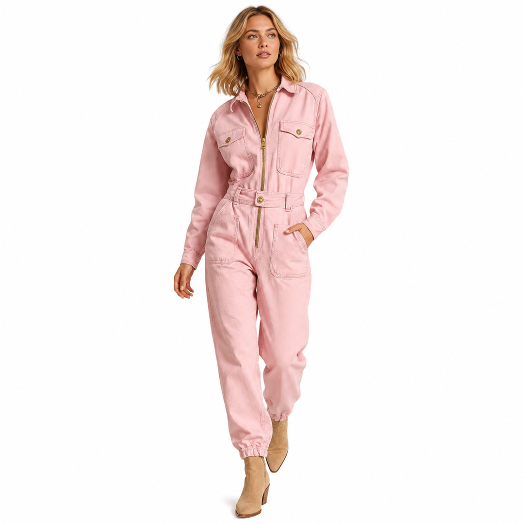 Straight-leg pink jumpsuit for women featuring a front zip, long sleeves and pleated draping in a clean retro-inspired style.
