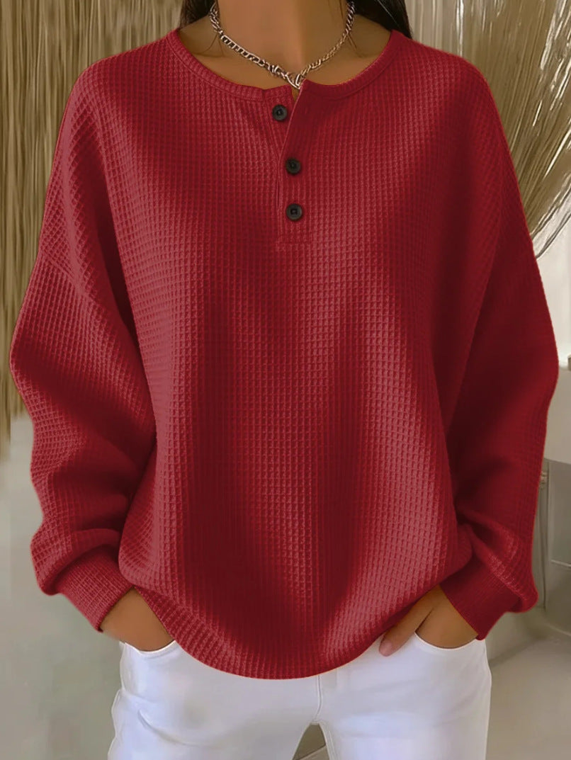 waffle long sleeve T shirt women red long sleeve cuff detail textured weave