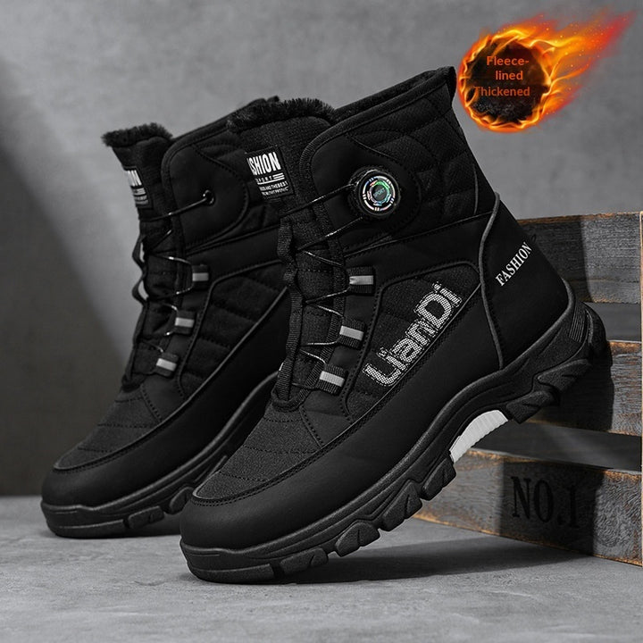 Original image: Side view of a black dial fastened boot with cable lacing on gray pictured with the footwear details visible.