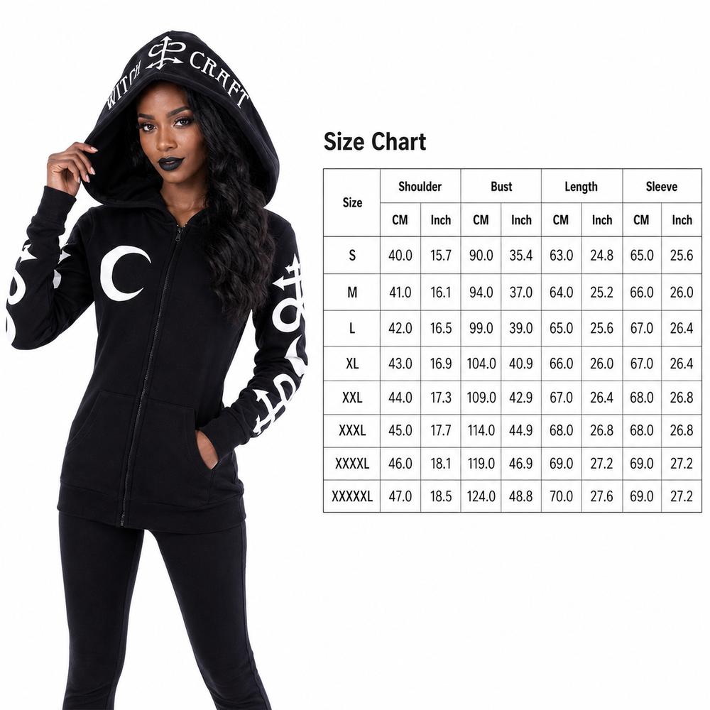 Black gothic zip hoodie for women with an oversized hood, a front zip closure and front pockets for concert and city outfits.