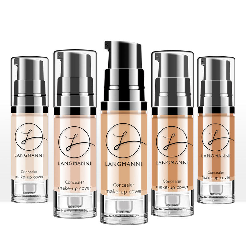Liquid foundation concealer in 6 ml pump bottle with six numbered shade options 01 to 06 on a clean white studio bottle view.