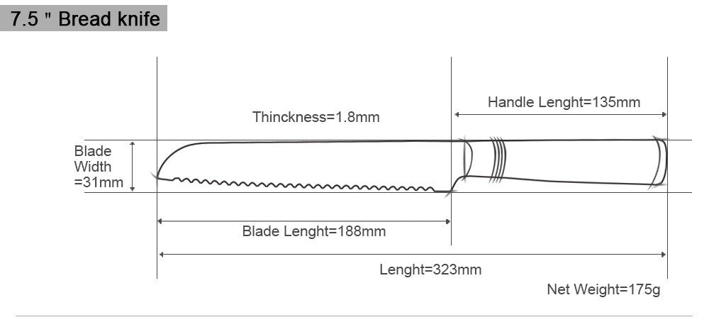 Measurement chart of a 7.5-inch bread knife with dimensions labeled.