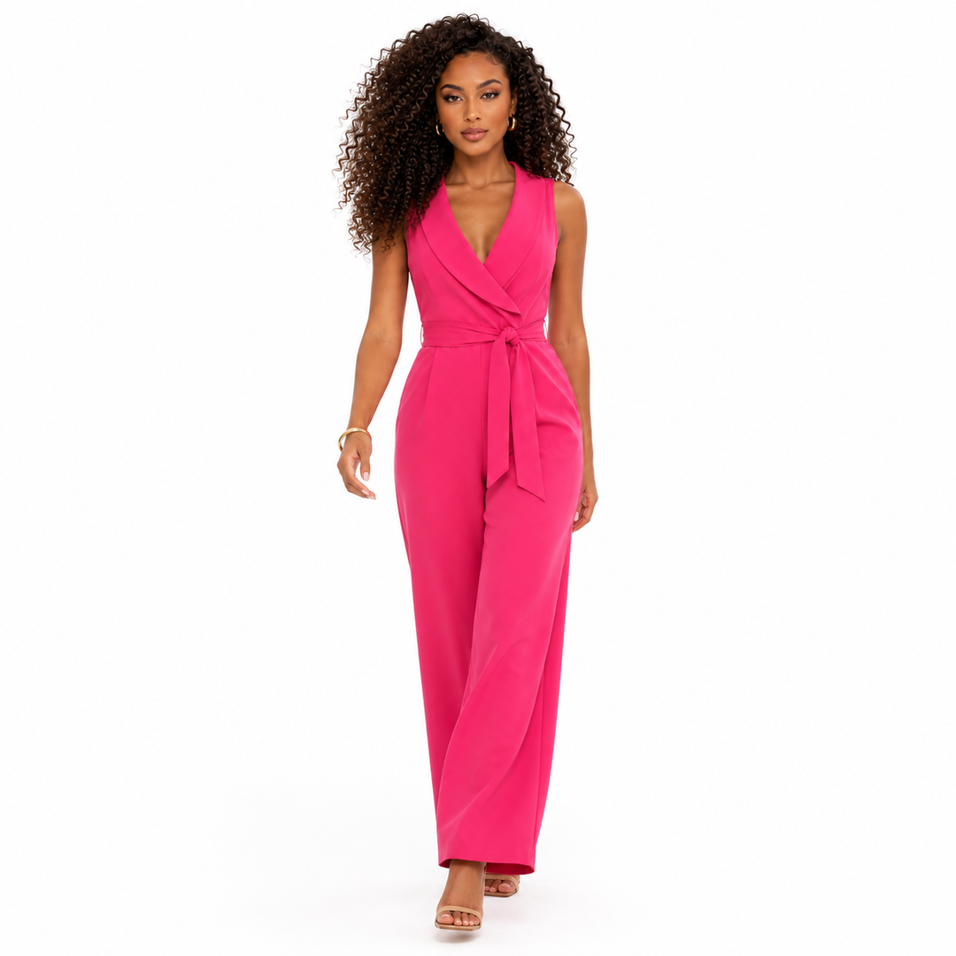 Travel-friendly sleeveless jumpsuit for women with stretch fabric, full-length trousers and a polished belted waistline look.