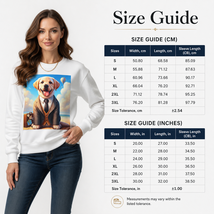 A woman modeling a white long-sleeve sweatshirt with a colorful graphic of a dog wearing a tie, shown alongside size guide tables in centimeters and inches. The background is a clean white studio backdrop.