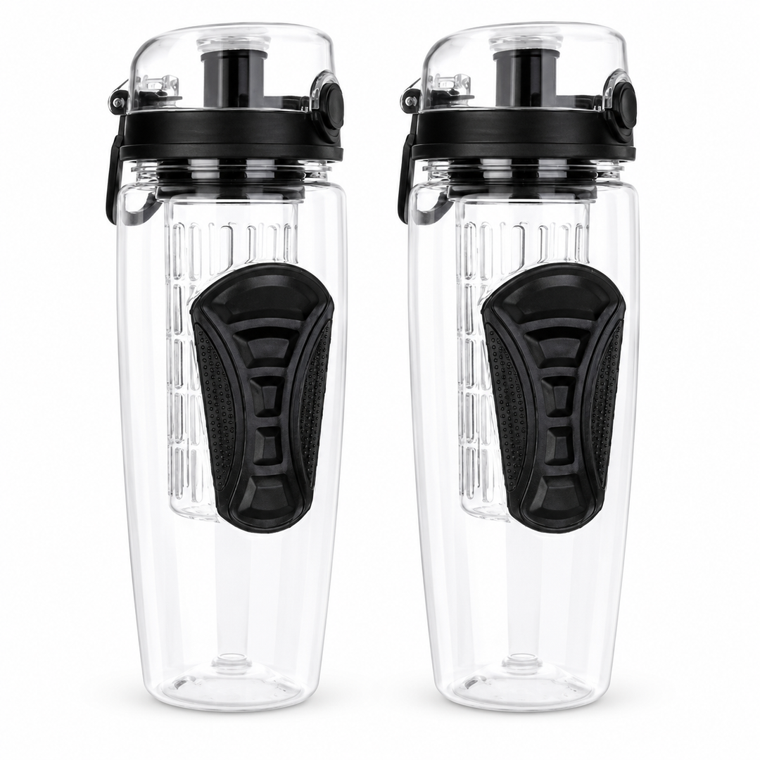 Two clear infuser water bottles with black lids and grips on a white background
