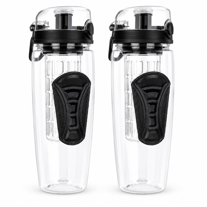 Two clear infuser water bottles with black lids and grips on a white background