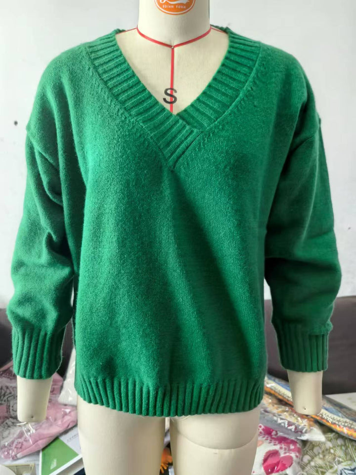 Women’s V-Neck Sweater   Cozy Loose Knit for Autumn &amp; Winter